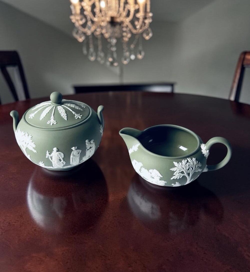 Vintage Wedgwood Green Sugar And Creamer Jasperware Stoneware Relief Figures